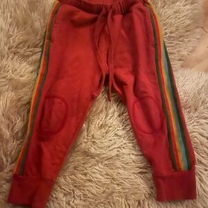 Kids Red Jogger Pants with Rainbow Stripes